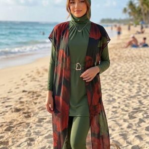 Burkini Femme Élégant 3 Pièces Kaki & Kimono Fleuri