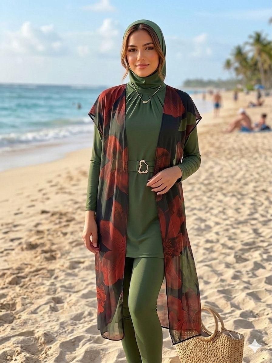 Burkini Femme Élégant 3 Pièces Kaki & Kimono Fleuri