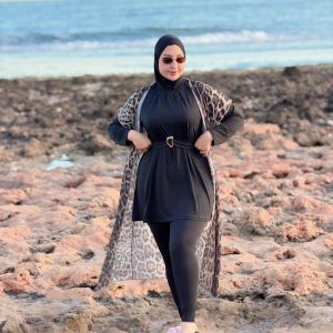 Burkini Femme Élégant 3 Pièces Noir & Gilet Léopard
