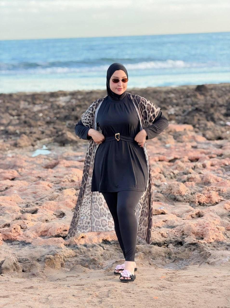 Burkini Femme Élégant 3 Pièces Noir & Gilet Léopard