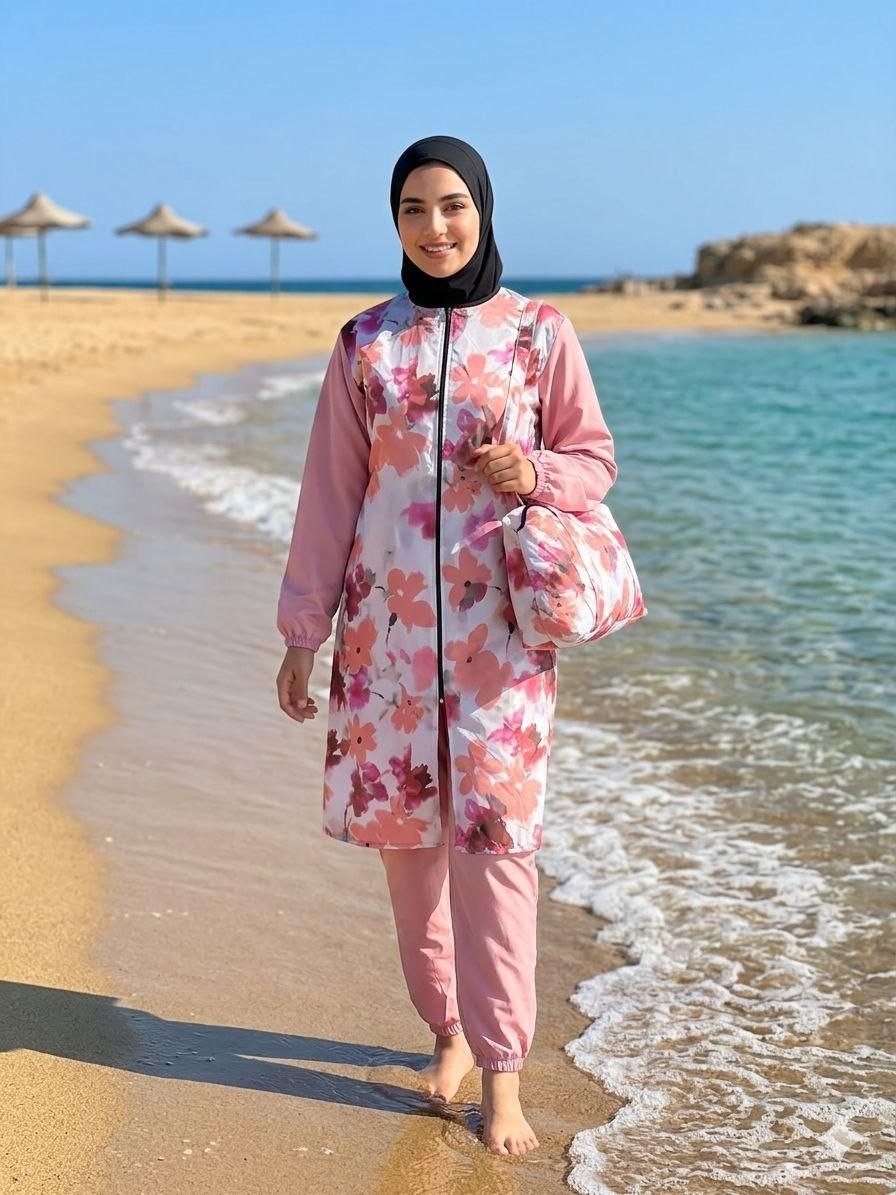 Burkini Femme Élégant Floral Rose Poudré