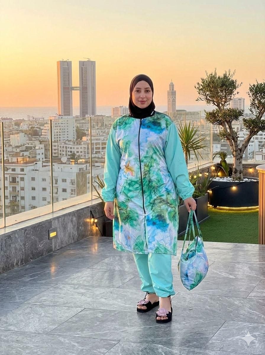 Burkini Femme Élégant Floral Turquoise