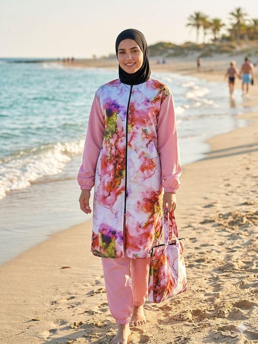 Burkini Femme Élégant Marbré Rose
