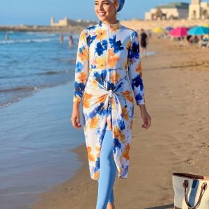 Burkini Femme Floral Aquarelle Bleu & Orange