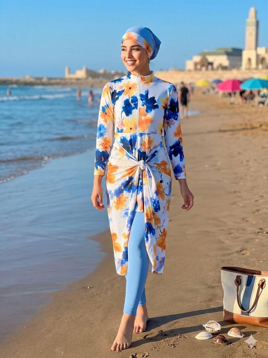 Burkini Femme Floral Aquarelle Bleu & Orange