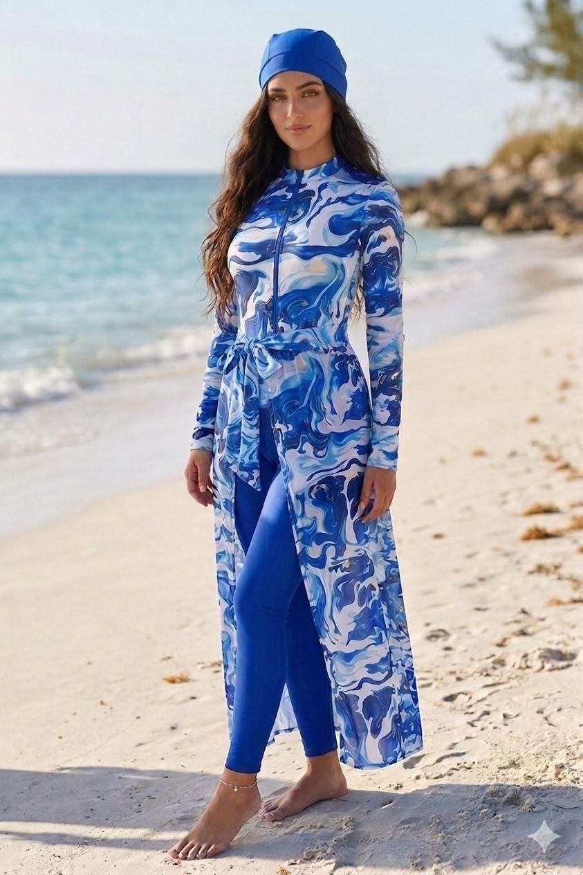 Burkini Femme Long Marbré Bleu Océan