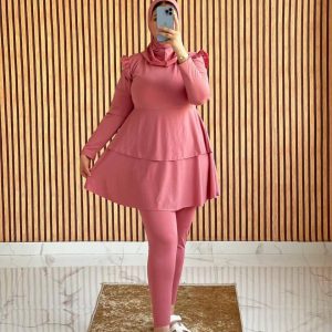 Burkini Femme Peplum Uni Vieux Rose