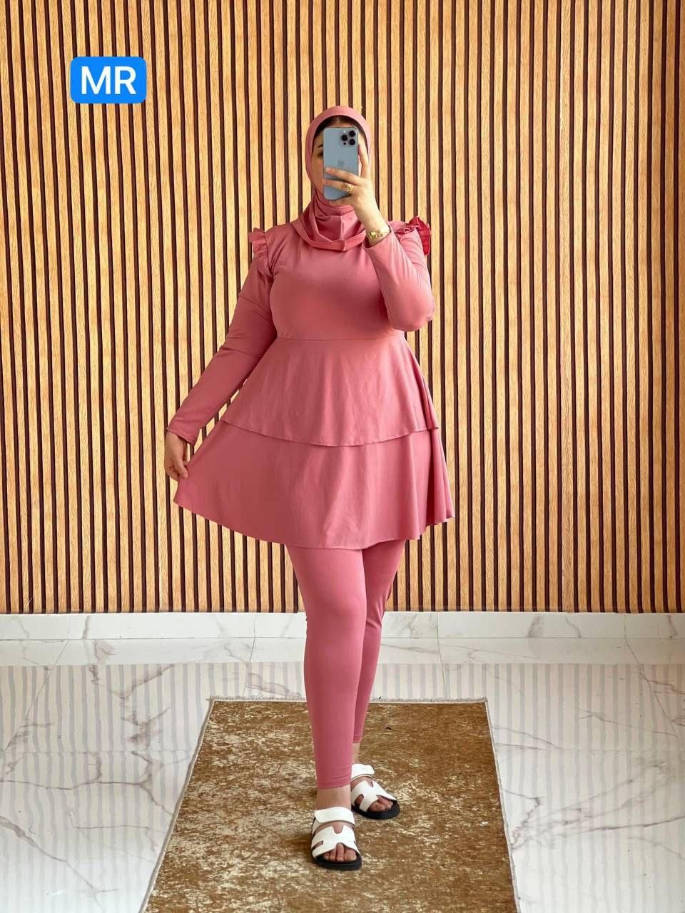 Burkini Femme Peplum Uni Vieux Rose