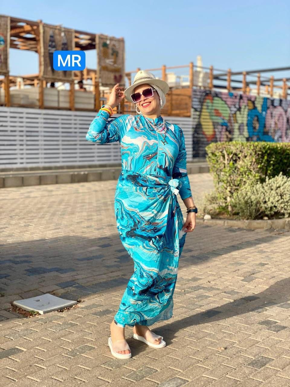 Burkini Femme Robe Longue Marbré Turquoise