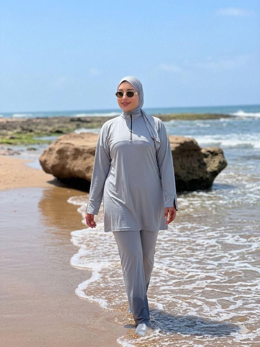 Burkini Femme Uni Gris Grande Taille