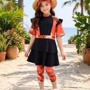 Burkini Fille Élégant Marbré Corail