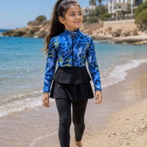 Burkini Fille Sport Léopard Bleu