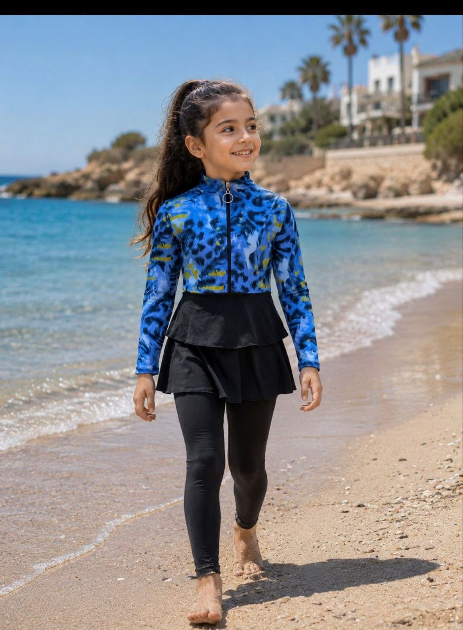 Burkini Fille Sport Léopard Bleu