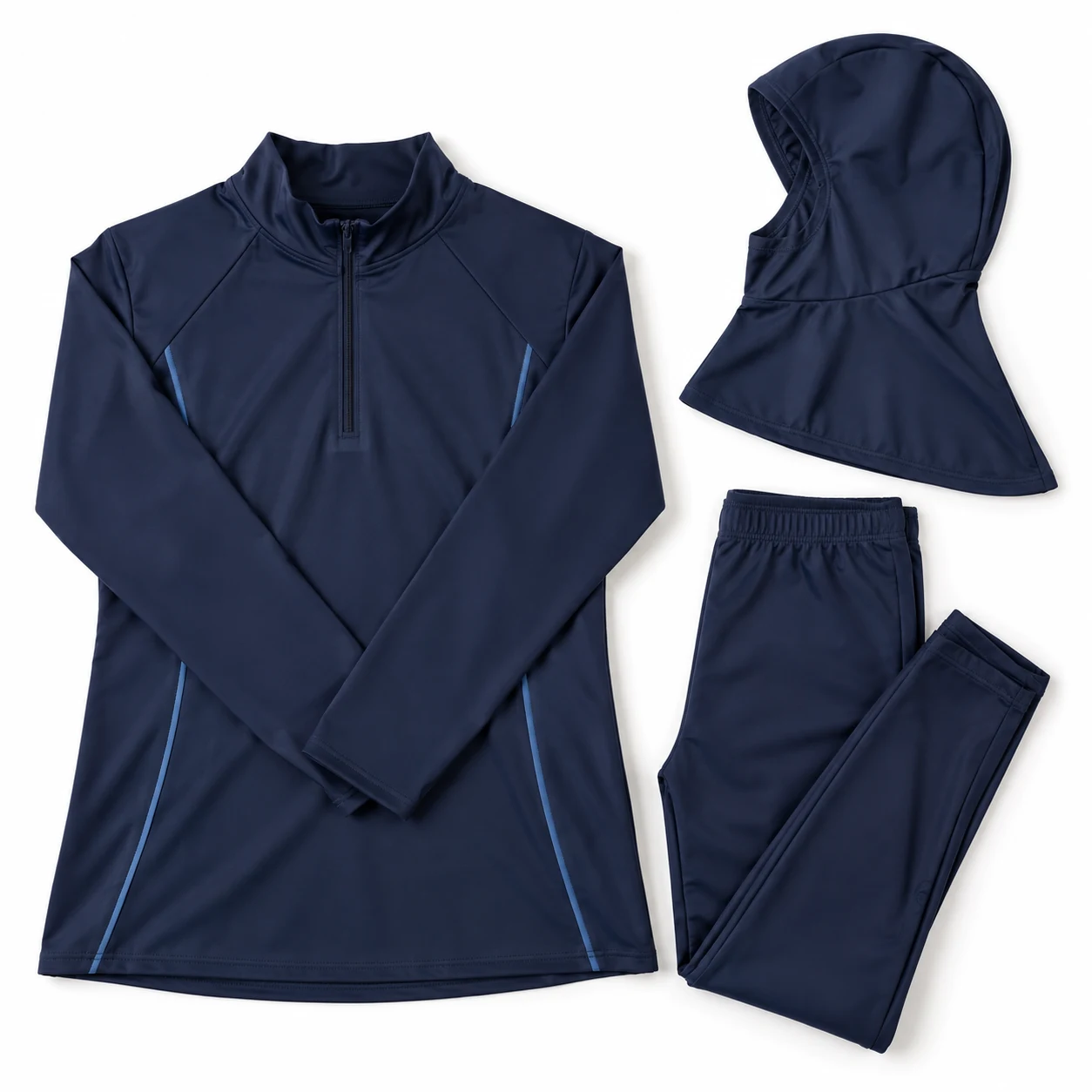 Burkini grande taille XL en tissu bleu marine à séchage rapide UPF 50+, modèle 3 pièces
