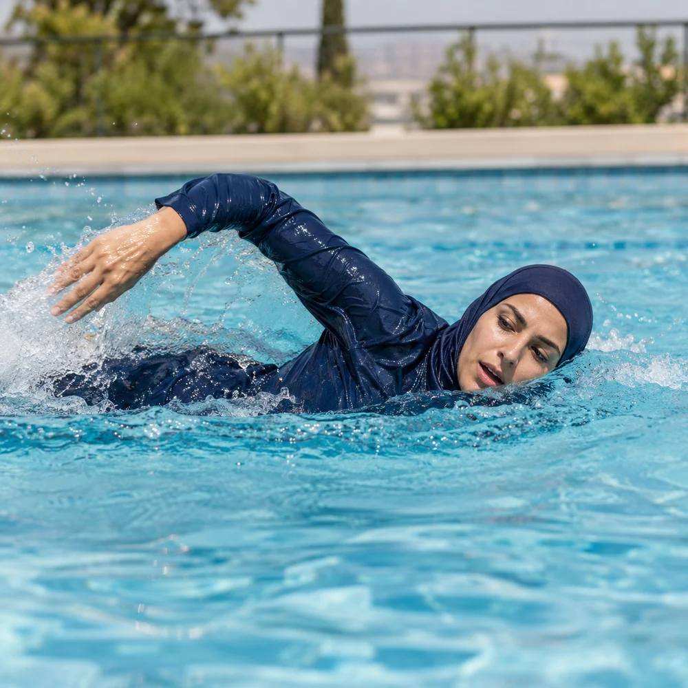 Burkini sport natation 3 pièces bleu marine UPF 50+ en polyester élasthanne, femme nageant en piscine, mouvement, modèle sport Burkini-Maroc 2026